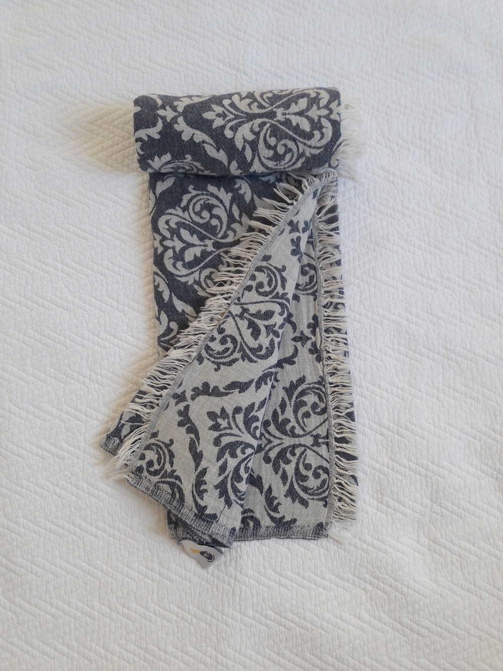 Reversible Gray Damask Throw Blanket with Fringe